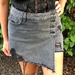 Women’s Distressed Grey Denim Mini Skirt with Side Buttons